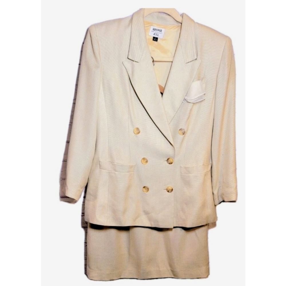 Kasper & Co Suit Blazer Skirt ASL 2PC Golden Beige Jabot Size 14 Y2K Corporate